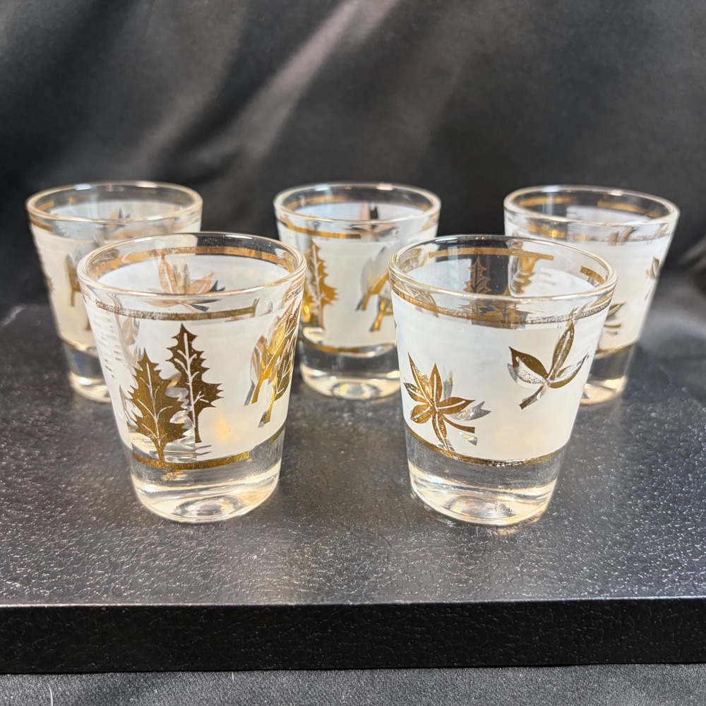 Libbey Golden Foliage Frosted Gold Leaf Shot Glasses Set of 5 Mid Century Modern